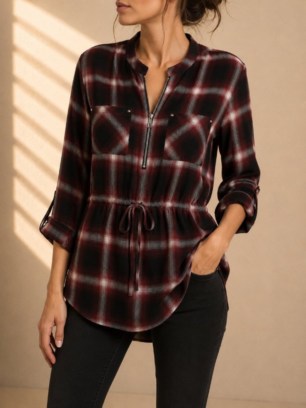 💜 2 for $25 💜 Kismet Plaid Tunic Blouse Red Black NWT (Women’s S)